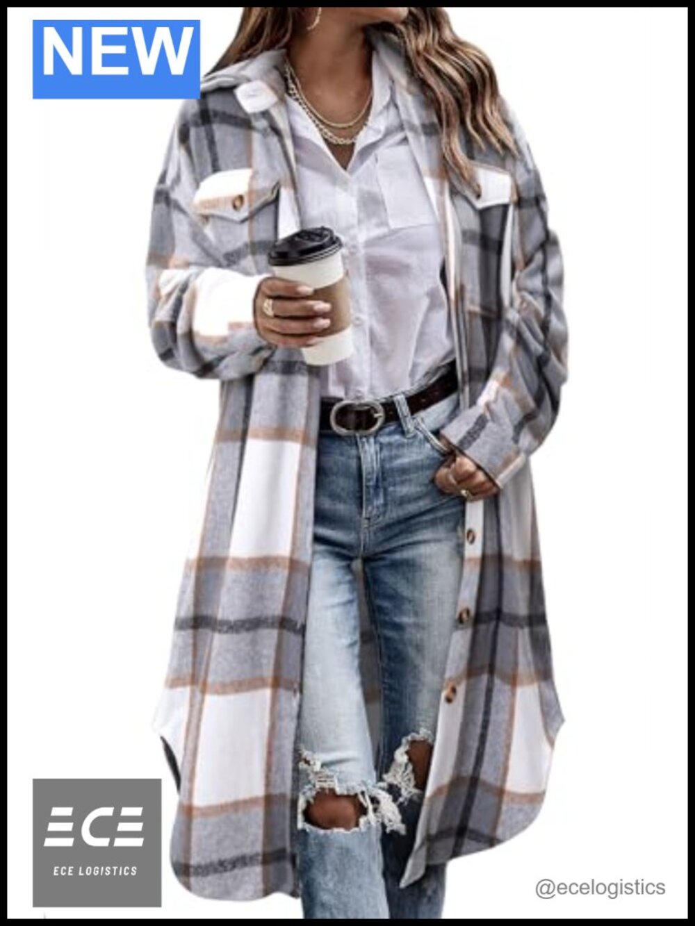 Women Plaid Flannel Shacket Oversized Button Down Long Shirt Jacket